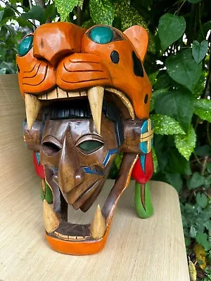 Hand Carved Mayan Wood Mask Warrior Pyramid Artwork Jaguar Snake Mexico Cedar  • $225