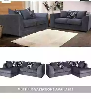  Chenille Zina Black  Or Grey Fabric Corner Sofa Or 3+2 • £389