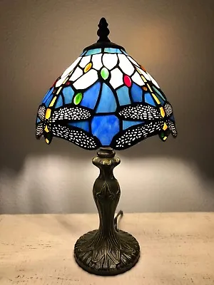 Tiffany Style Mini Table Lamp Sky Blue Stained Glass Dragonfly Vintage H14  • $83.99