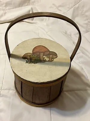 Vintage Round Wood Barrel Style Sewing Storage Hinged Box Lined Mirror Mushroom • $42.25