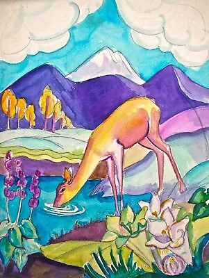 Frances Kirkegaard Colorado Artist (IX) Deer In Western Mountain Landscape • $49.99