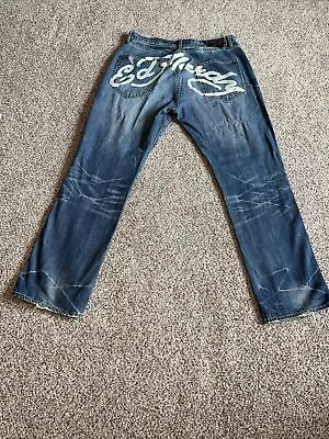 Y2K Ed Hardy Big Back Logo Med Wash Straight Leg Distressed Jeans 38x34 (36x34) • $54.99