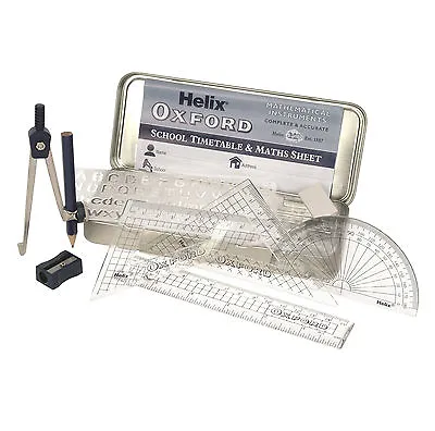 £4.99 • Buy Helix Oxford Maths Set Tin Geometry Ruler Squares Protractor Compass Stencil