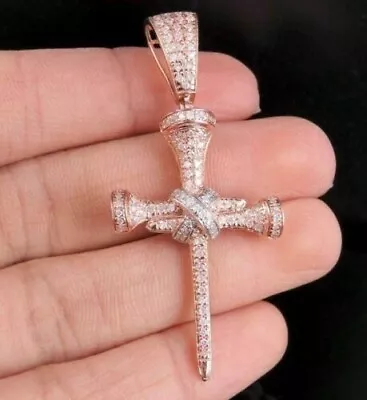 1Ct Round Lab-Created Diamond Men NAIL CROSS Pendant Silver 14k Rose Gold Finish • $149.49