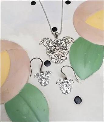 Sugar Skull Pit Bull Silver Necklace & Earrings Set - New - FREE SHIPPING • $44.95