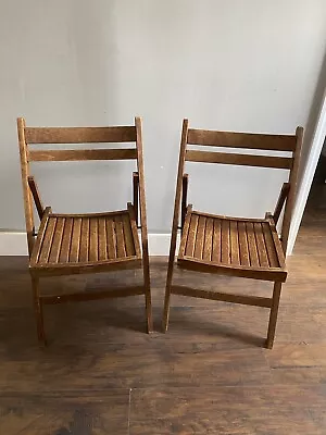 RESERVED Pair Of Slat Wood Folding Chairs Rustic Mid Century Modern Romania • $100