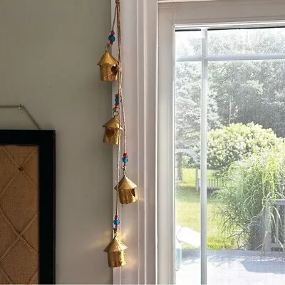 Birdhouse Village Metal Bell Hanger Chime Gold Decor W Hearts Morrocan Style • $25.20