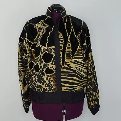 Judith Ann Creations Silk Bomber Jacket Zip Up Black Gold Y2K Zebra Sz M  Lined • £72.80