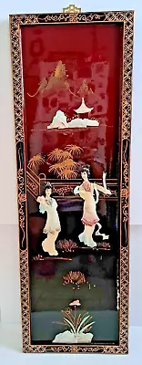 Asian Black Lacquer Geisha Girls Mother Of Pearl/ Abalone Wall Hanging 36”X 12” • $58.99