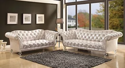 ON SALE - Mid Century Modern Living Room Set Silver Fabric Sofa & Loveseat IRA9 • $2487.71
