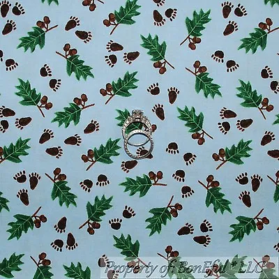 BonEful Fabric FQ Cotton Quilt Blue Brown Bear Small PAW Print Green Leaf Acorn • $4.56