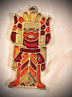 $10 • Buy Vintage 1970's Rare Aztec, Incan, Mayan Style Enamel Pendant