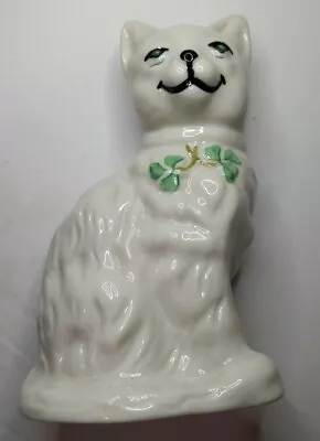 Vintage Belleek China White Cat Figurine Made In Ireland Green Eyes & Shamrocks  • $12