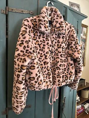 Victorias Secret PINK Faux Fur Lined Bomber Jacket Rose Leopard Drawstring~S • $24.89