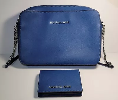 Michael Kors Blue Crossbody Purse And Bifold Wallet Set Chain & Leather Strap • $69.97