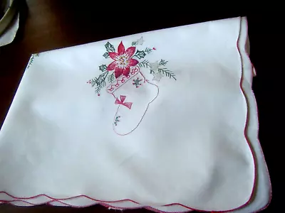 Vintage  Christmas Linen Tablecloth Hand Embroidery SANTA Boot W/t Poinsettia • $29.95