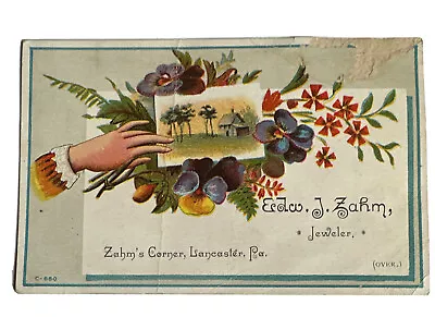 VICTORIAN JEWELERS TRADE CARD Edw Zahm Lancaster PA Watches Tinted Spectacles B9 • $17.25