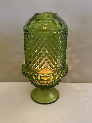 Vtg Viking Glass MCM Diamond Point Green Fairy Lamp Candle Holder • $80