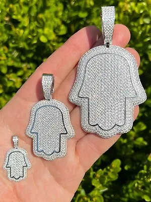 Real 925 Sterling Silver Hand Of God Hamsa Iced Hip Hop CZ Pendant Necklace • $48.08