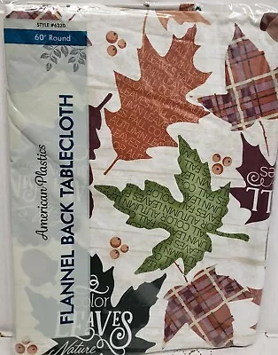 Flannel Back Vinyl Tablecloth 60  Round FALL COLORFUL LEAVES WITH TEXT AP • $15.99