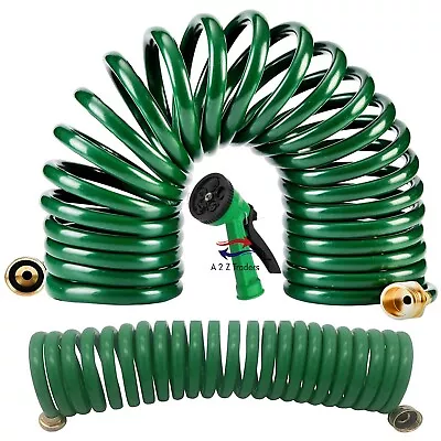 50Ft Coil Hose With Brass Fittings Nozzle Retractable Garden Coil Hose Pipe UK • £13.97