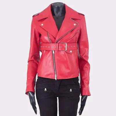 CELINE 3950$ Red Leather Biker Jacket - Waist Belt Epaulettes Calfskin • $1580