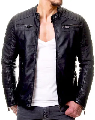 Mens Real Leather Jacket Cafe Racer Black Red Genuine Slim Fit Moto Biker New • $82.13