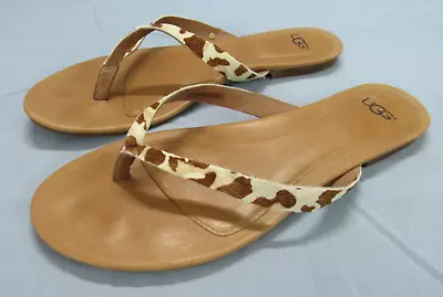 UGG Women's ALLARIA Tan/White COWHIDE LEATHER Slip-On Sandals THONG FLIP-FLOPS 8 • $24