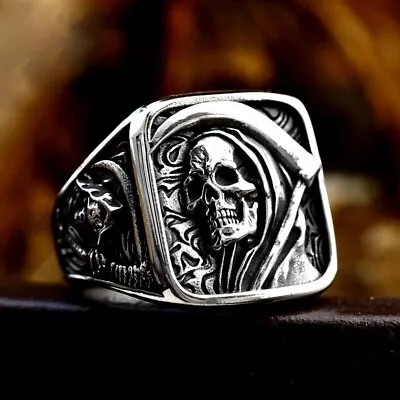 Gothic Death Sickle Skull Ring Stainless Steel Men's Boy's Skull Biker Punk Ring • $12.98
