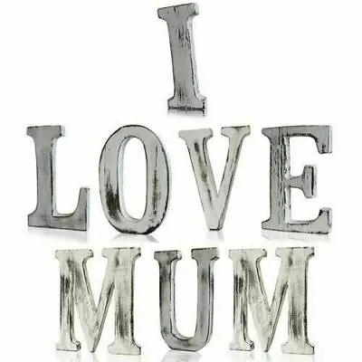 Shabby Chic Letters - I LOVE MUM (8) Large Mango Wood 15cm Letters White Wash Or • £24.18