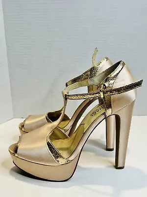 Michael Kors Sophia Pink Peep Toe Platform Rose Gold Metallic Satin Pumps Heels • $39.99