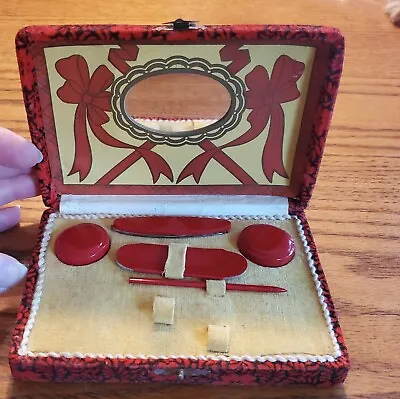 Vintage Nail Kit Made In Japan Flocked Box Mirror Red Not Complete  • $14.99