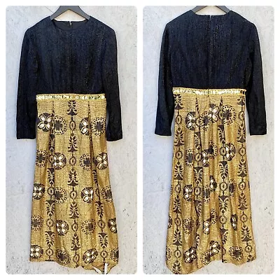 Vintage 60s 70s L’Aiglon Embellished Metallic Long Sleeve Maxi Dress Sz S/M • $49.90