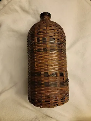 Large Antique Rattan Wicker Wrapped Glass Bottle  12 1/2  Tall • $105