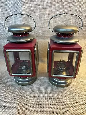 2 Vintage Carriage Hurricane Kerosene Lanterns Lamps - Red Metal Oil Light • $34.99