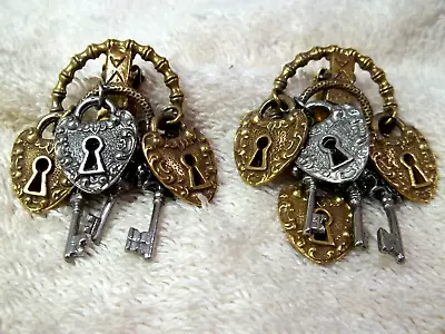 Vintage ART (Arthur Pepper) Clip Earrings Locks & Keys Design Gold/Silver Tone • $16