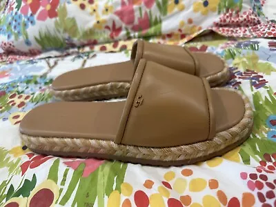 Tory Burch Espadrille Slide Sandals Flat Platform Tan Leather Sz 9 • $120