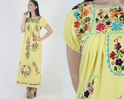 Vtg Traditional Mexican Maxi Dress Embroidered Long Fiesta Puebla Cover Up • $81.70