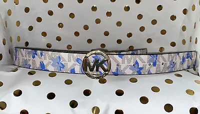 Michael Kors Belt Reversible White Blue Floral/white Mk Logo Gold Buckle Super!! • $46.99