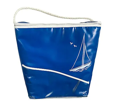 Vintage 50s Nautical Boat Cooler Blue White Rope Handle Sailboat Beach Tote Bag • $69.99