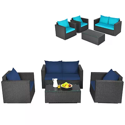 4 PCS Outdoor Rattan Sofa Set W/Navy&Turquoise Cover For Balcony Rooftop Garden • $409.49