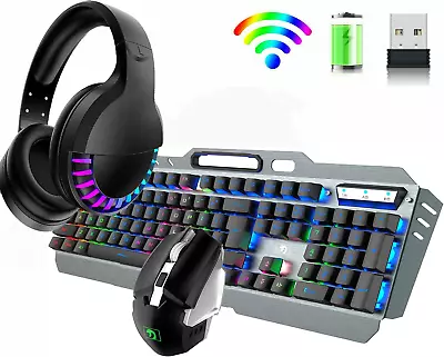 3in1 Gaming Keyboard And Mouse Headset Set Wireless 104 Keys Rainbow LED PC Mac • $79.90