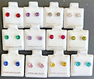 .Genuine 925 Sterling Silver 5mm Cz Round Stud Pair Earrings Birthstone Colors • $9.50