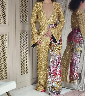 Halpern Runway Gold Sequin Tulle Bodysuit Jumpsuit Catsuit WAS £1845 FR 34 UK 6 • £425