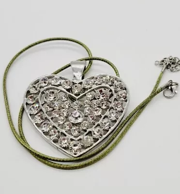 Crystal Rhinestone Heart Pendant Necklace Silver Tone Magnetic Extra Large • $17.10