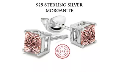 925 Sterling Silver Princess Cut Morganite Cubic Zirconia Stud Earrings Women's • $9.99