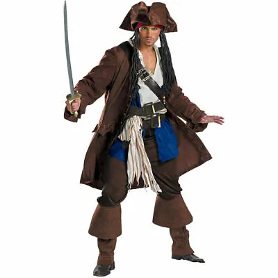 Mens Pirates Of The Caribbean Captain Jack Sparrow Fancy Dress Costume Deluxe • £49.99