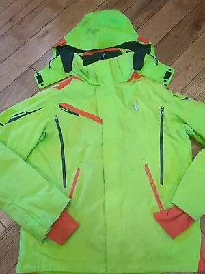 Men's Spyder Bromont Winter Jacket Ski Hooded Zip Up Primaloft Neon Large • $72.25