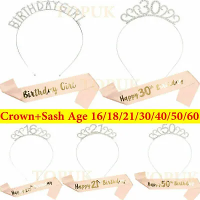 Happy Birthday Silver Tiara With Rose Gold Sash 16/18/21/30/50/60th Girls Crown • £6.99
