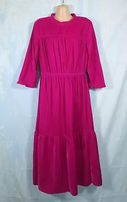 BNWT TU Bright Magenta Pink Velvet 3/4sleeve Tiered Peplum Midi Dress 14 • £15